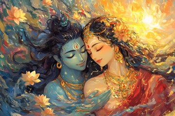 Radha and Lord Krishna with on sunrise. Krishna Janmashtami, Govardhan Puja. Hindu god and goddess. Symbol of divine love. Indian culture and religious concept