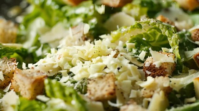 Topping caesar salad with cheese and croutons, creating a mouthwatering meal. Vibrant green romaine lettuce leaves enhanced by savory parmesan cheese and crunchy croutons