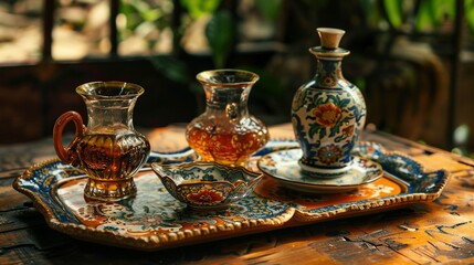 Ornate Ceramic Serving Tray with Glassware and a Small Bowl