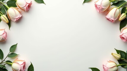 Fototapeta premium Elegant Pink Roses Border with Green Leaves on White Background - Perfect for Invitations, Announcements, and Celebrations