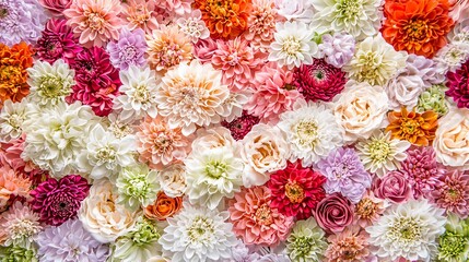Flowers wall background with amazing red, orange, pink, purple, green and white chrysanthemum flowers ,Wedding decoration, hand made Beautiful flower wall background that is very beautiful