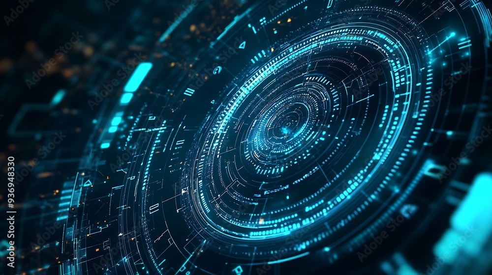 Poster abstract digital interface with blue and white circular patterns
