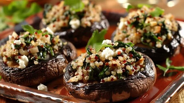 Delicious stuffed portobello mushrooms with quinoa, spinach, goat cheese, and parsley. Perfect for lunch or dinner, baked and roasted