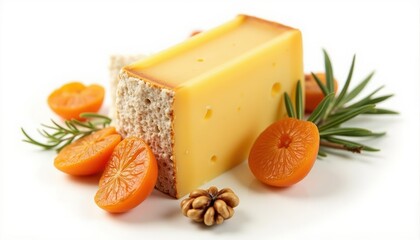 A delicious block of cheese accompanied by fresh oranges and walnuts, perfect for gourmet food displays, restaurant menus, or culinary promotions.