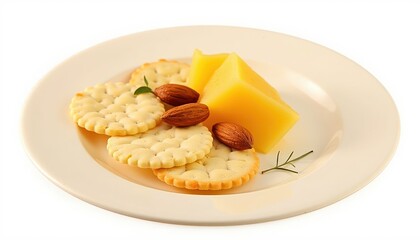 A delicious platter featuring cheese, crackers, and almonds, perfect for snacking, entertaining, or gourmet food presentations.