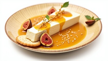 A beautifully presented dessert featuring a creamy block topped with fig sauce, fresh figs, and garnished with mint, perfect for culinary publications or restaurant menus.