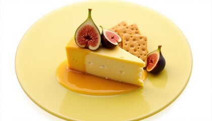 Delightful gourmet cheese paired with fresh figs and crackers on a vibrant yellow plate. Perfect for food photography, culinary blogs, or restaurant menus.