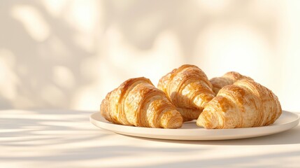 Freshly Baked Croissants on White Plate with Light Background