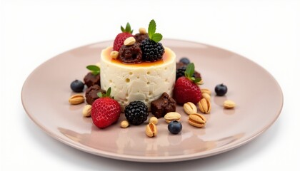 A delectable dessert featuring creamy panna cotta adorned with fresh berries and nuts, perfect for gourmet menus and food photography.