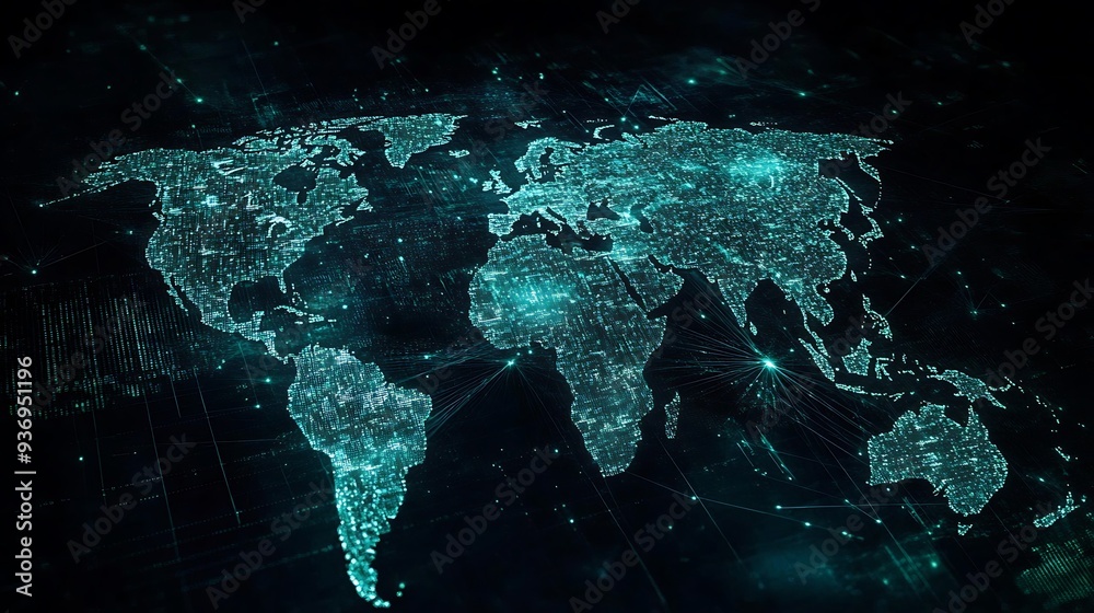 Poster digital world map with glowing cities and interconnected lines
