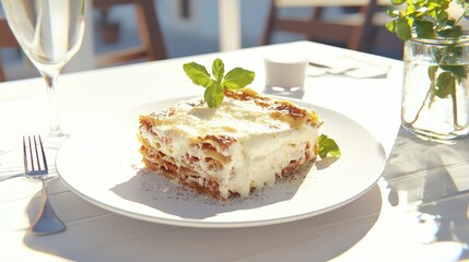 Delicious Lasagna on White Plate with Basil Garnish