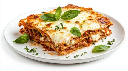 Delicious Lasagna with Melted Cheese and Basil on White Plate