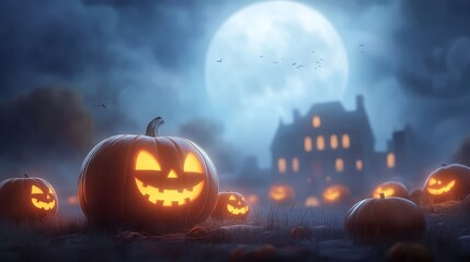 Halloween Pumpkin in Foggy Field with Haunted House and Full Moon