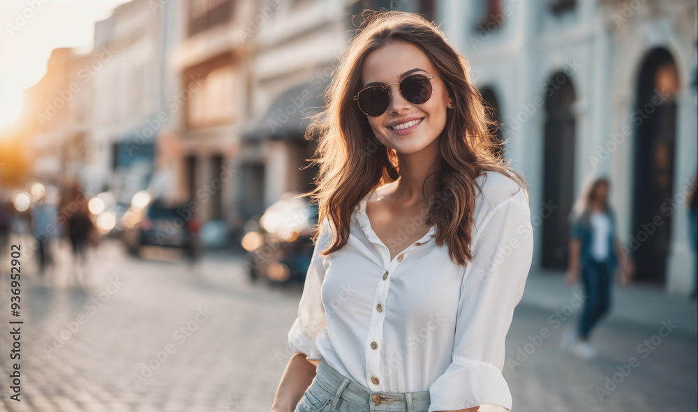 Wall mural A woman in sunglasses smiles while walking on a city street