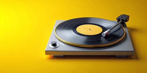 Trendy vinyl record on retro turntable with yellow label and gray shadow on yellow backdrop