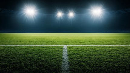 Obraz premium Nighttime view of a soccer field with bright stadium lights and a central kick spot, perfect for promoting a football club or international game
