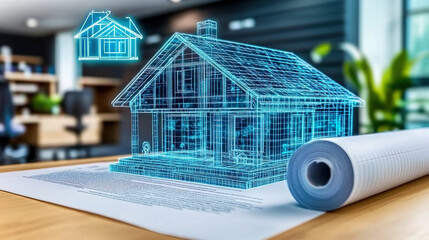 Holographic 3D House Blueprint Building Project Virtual AI Technology