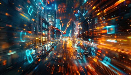 Fototapeta premium Abstract time passing with blurred clock, Cyberpunk, Bright, Digital, Highlighting fleeting moments