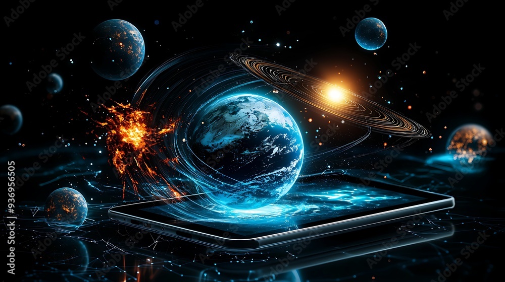 Wall mural digital solar system emerging from a tablet in a science classroom, interactive learning concept, co