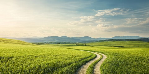 Fototapeta premium Idyllic countryside setting with a grassy road winding through a meadow, leading to distant hills under a serene sky, perfect for a peaceful summer day