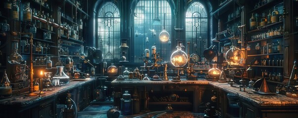 Alchemists lab with mystery, Steampunk, Dark, 3D, Highlighting magic and curiosity