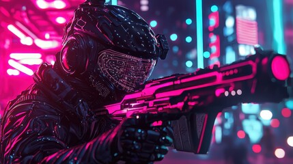 Futuristic Cyborg Soldier with Weapon in Neon Cityscape