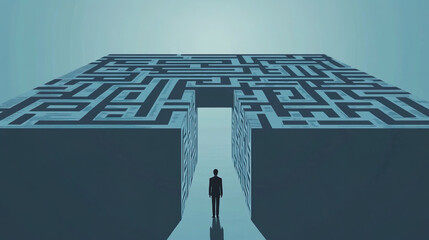 Businessman Standing Beginning Maze Confusion Finding Searching Solution Path Challenge