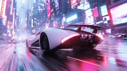 Naklejka premium Futuristic Sports Car Driving Through Neon City at Night