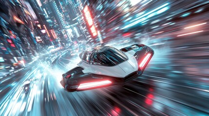 Futuristic Car Speeding Through City at Night