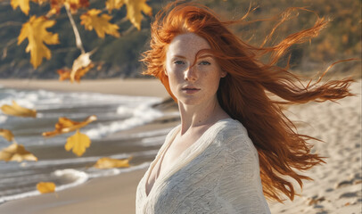 A woman with long red hair stands on a beach with the wind blowing her hair