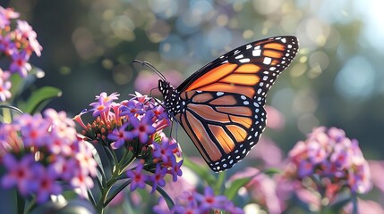 Obraz premium A vibrant butterfly perched on colorful flowers in a sunlit garden, showcasing nature's beauty.