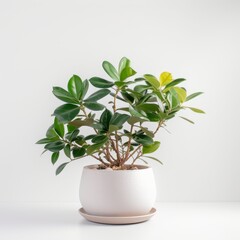 Obraz premium Potted Rubber Plant on White Background â€“ Minimalist House Plant Decor for Home and Office