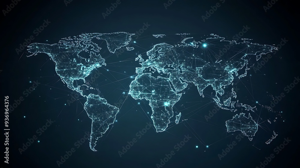Poster A World Map Rendered as a Network of Interconnected Points and Lines
