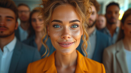 Fototapeta premium Smiling team of businesspeople looking at camera in the workplace
