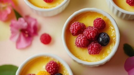 A close-up shot of four small ramekins filled with creamy custard topped with fresh raspberries