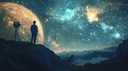 Fototapeta premium Silhouette of a Man Gazing at the Cosmos