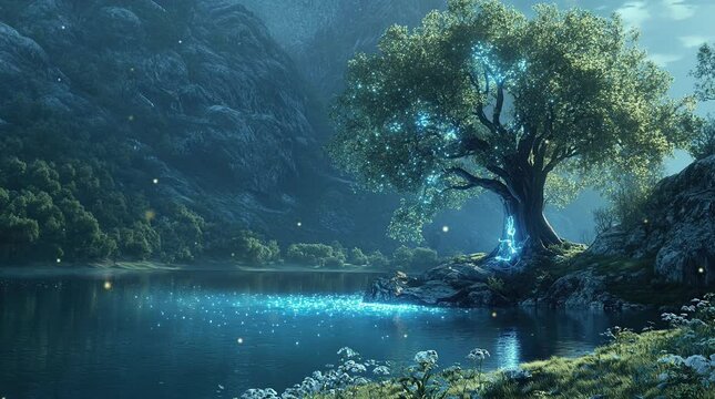 A massive tree standing by a tranquil lake in a mystical fantasy night forest, with glowing lights and an enchanting atmosphere unde Seamless looping 4k time-lapse virtual video animation Generated AI