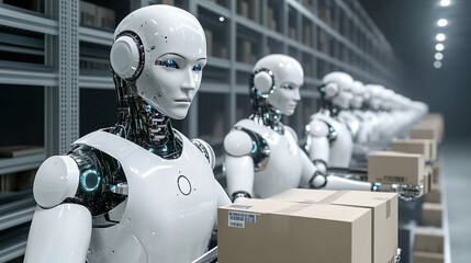 Robots Working Warehouse Packaging Boxes Ship Automation Technology AI