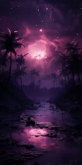 purple sky with palm trees and stream