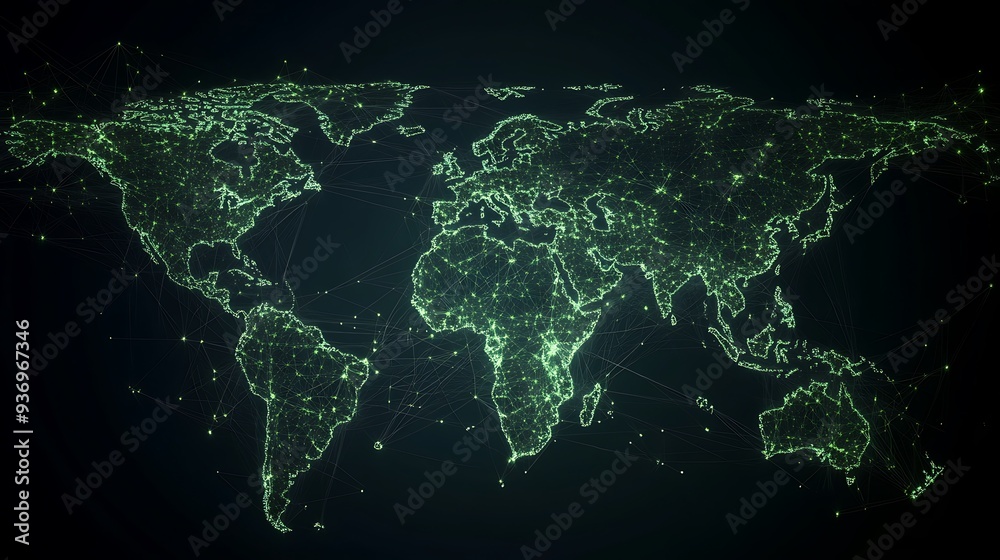 Poster A Green Digital Representation of the World Map with Connected Points
