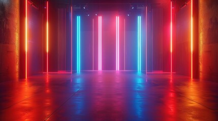 Neon Lights Reflecting on a Wet Concrete Floor