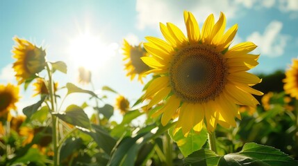 Sunflowers turn their faces towards the sun, following its path across the sky.