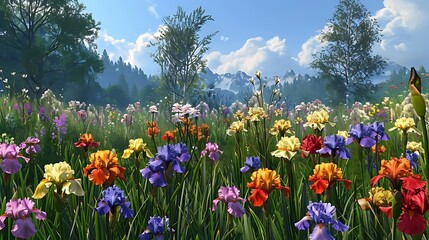 Obraz premium A vibrant field filled with colorful flowers under a clear blue sky and mountains in the background.