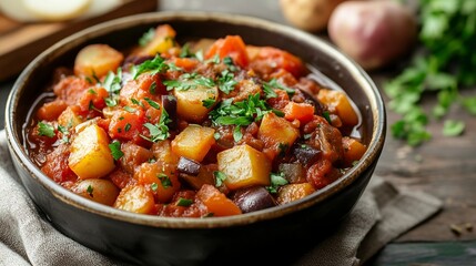 Homemade Eggplant Potato Tomato Stew with Parsley in a Bowl, side view. --ar 16:9 --v 6.1 Job ID: 3a36df6b-1c6e-4674-bd1f-9939578a59da