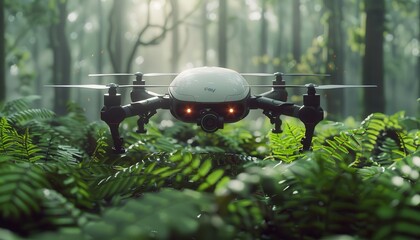 Drone mapping a forest, Futuristic, Bright, 3D, Emphasizing modern exploration tools