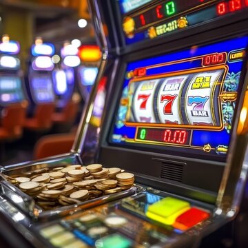 Jackpot win displayed on a slot machine in a crowded casino, lights flashing, vibrant colors, and celebratory sounds filling the air, large stack of coins at the base of the machine