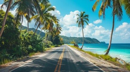 Take a picture of a road through a tropical paradise, with palm trees and turquoise waters creating an idyllic and exotic scene.