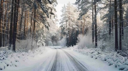 Obraz premium Take a picture of a snow-covered road through a forest, with tall trees dusted in white, creating a serene winter wonderland.