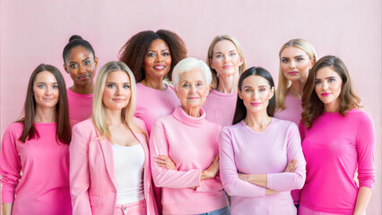 Fototapeta premium Diverse group of women in pink outfits, breast cancer awareness concept on light pink background