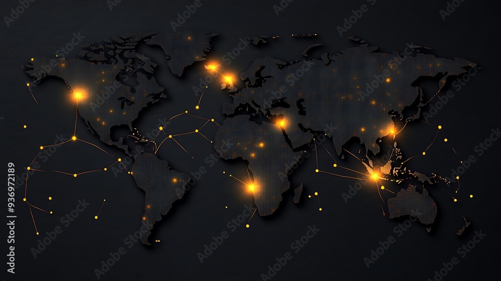 Poster Global Network Connections Depicted on a World Map with Glowing Points